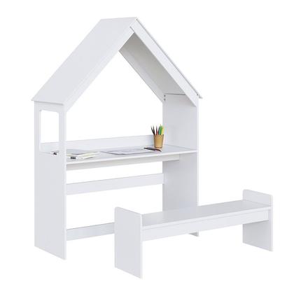 Imagem de Escrivaninha Infantil Montessoriana Casinha 100% MDF com Banco Petra Espresso Móveis Branco/Brilho