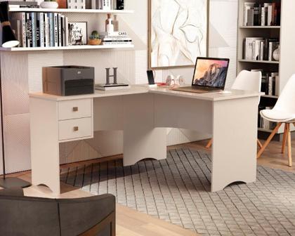 Imagem de Escrivaninha mesa de computador em l de canto parise 2 gavetas tampo 18mm cor off white brilho