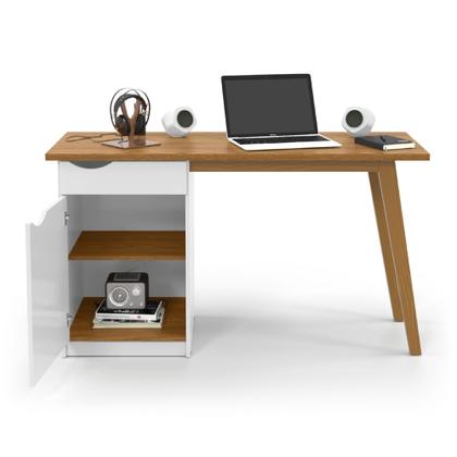 Imagem de Escrivaninha/Mesa de Escritório Com 1 Gaveta 1 Armário com Porta - Branco com Cumaru - Prism - Patrimar Móveis