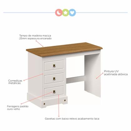 Imagem de Escrivaninha Mesa Escritório 3 Gavetas com Tampo em Madeira Maciça Smile