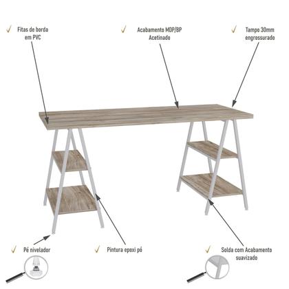 Imagem de Escrivaninha Mesa Escritório Cavalete 150Cm 4 Prateleiras Estilo Industrial Kuadra