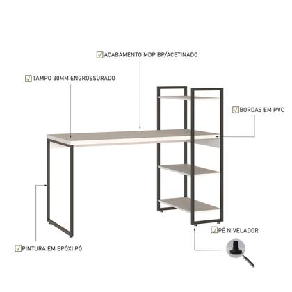 Imagem de Escrivaninha Mesa Escritório com Estante Alta Estilo Industrial 135cm com 03 Prateleiras Dynamica Yescasa