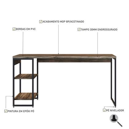 Imagem de Escrivaninha Mesa Escritório com Estante Baixa Estilo Industrial 150cm com 02 Prateleiras Dynamica