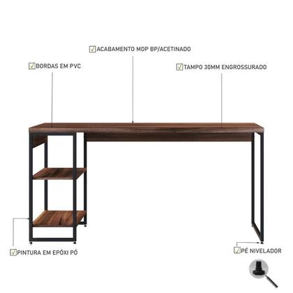 Imagem de Escrivaninha Mesa Escritório com Estante Baixa Estilo Industrial 150cm com 02 Prateleiras Dynamica Yescasa