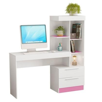 Imagem de Escrivaninha Mesa Escritório com Estante Office NT 2010 2 Gavetas 131,5cm Branco New E Rosa