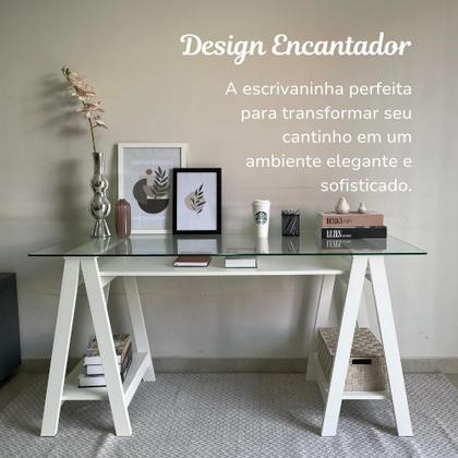 Imagem de Escrivaninha Mesa Escritório com Tampo de Vidro e Pés em Cavalete 2 Prateleiras Elegante