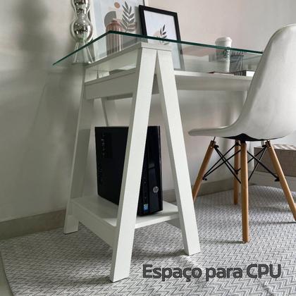 Imagem de Escrivaninha Mesa Escritório com Tampo de Vidro e Pés em Cavalete 2 Prateleiras Elegante