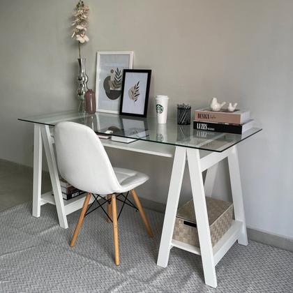 Imagem de Escrivaninha Mesa Escritório com Tampo de Vidro e Pés em Cavalete 2 Prateleiras Elegante