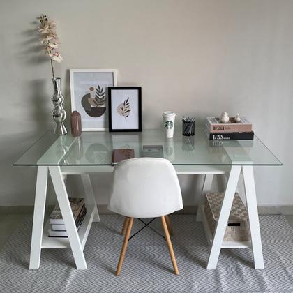 Imagem de Escrivaninha Mesa Escritório com Tampo de Vidro e Pés em Cavalete 2 Prateleiras Elegante