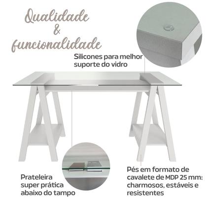 Imagem de Escrivaninha Mesa Escritório com Tampo de Vidro e Pés em Cavalete 2 Prateleiras Elegante