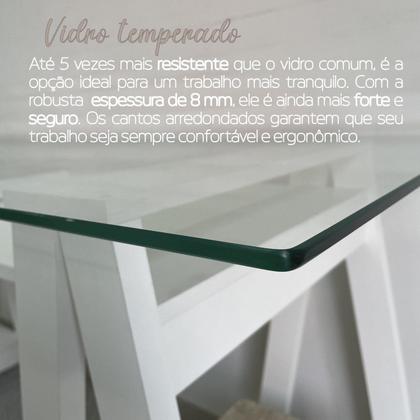 Imagem de Escrivaninha Mesa Escritório com Tampo de Vidro e Pés em Cavalete 2 Prateleiras Elegante