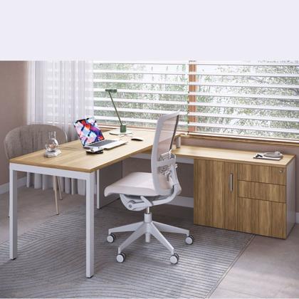 Imagem de Escrivaninha Mesa Escritório Diretoria com Balcão Home Office Concept 3 Gavetas 1 Porta 180cm Nogal
