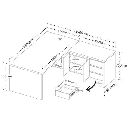 Imagem de Escrivaninha Mesa Escritório em L Chefia com 2 Portas 3 Gavetas em Tamburato Y37