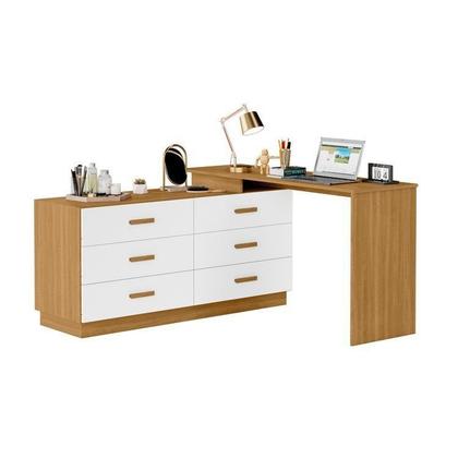 Imagem de Escrivaninha Mesa Escritório em L com Cômoda Leonie 6 Gavetas 138cm Yescasa Freijó e Branco Marrom