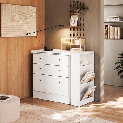 Imagem de Escrivaninha Mesa Escritório em L Retrátil com Cômoda Módulos e Complementos 3 Gavetas 91,3cm Branco
