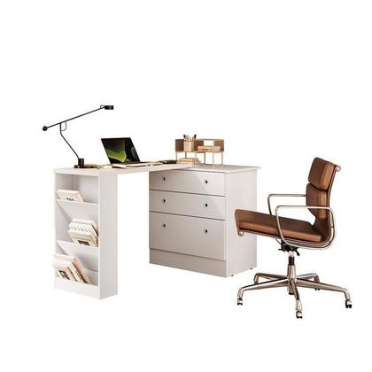 Imagem de Escrivaninha Mesa Escritório em L Retrátil com Cômoda Módulos e Complementos 3 Gavetas 91,3cm Branco