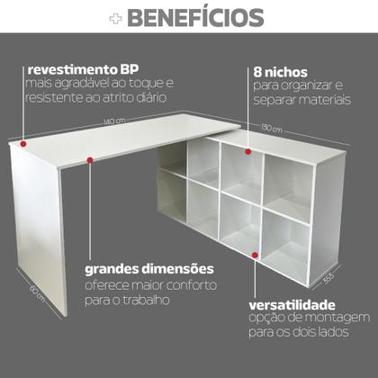Imagem de Escrivaninha Mesa Escritório Ergonômica e Atemporal em L com 8 Nichos para Armazenamento Nero