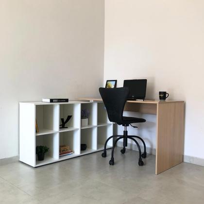 Imagem de Escrivaninha Mesa Escritório Ergonômica e Atemporal em L com 8 Nichos para Armazenamento Nero