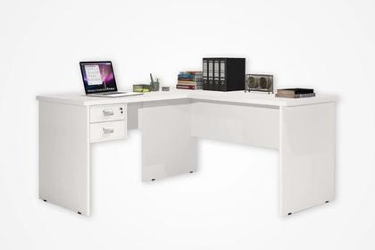 Imagem de Escrivaninha / Mesa Para Computador Modelo Em L TAUR 2 Gavetas Sendo 1 com Chave Com Puxadores Cromados Cor Off White