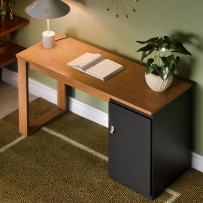 Imagem de Escrivaninha Mesa Para Computador Paris 120cm Home Office Estudo Escritório Mdf Mdp 1 Porta Armário Lateral Puxador De Couro
