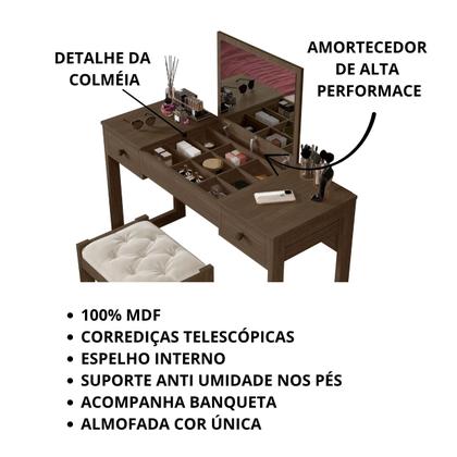 Imagem de Escrivaninha penteadeira com espelho e banqueta Luanda Fenix