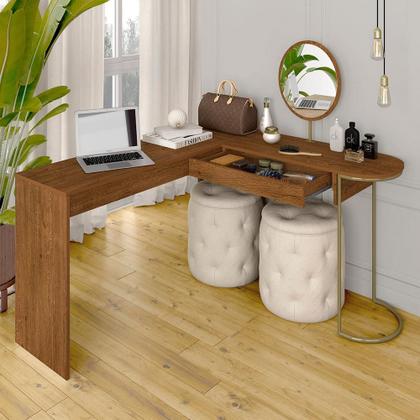 Imagem de Escrivaninha Penteadeira Em L Com Espelho Mavi Dourado/freijó - M.a