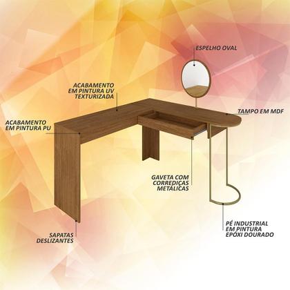 Imagem de Escrivaninha Penteadeira Em L Com Espelho Mavi Dourado/freijó - M.a