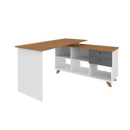 Imagem de Escrivaninha Retrô em L Mesa Escritório e Home Office com e Gold 2 Gavetas 5 Nichos 145cm Marrom Art