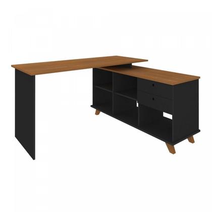 Imagem de Escrivaninha Retrô em L Mesa Escritório e Home Office com e Gold 2 Gavetas 5 Nichos 145cm Preto Arta