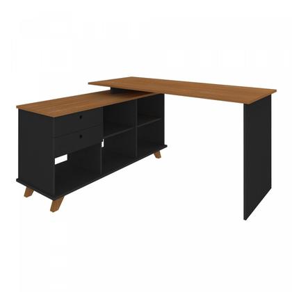 Imagem de Escrivaninha Retrô em L Mesa Escritório e Home Office com e Gold 2 Gavetas 5 Nichos 145cm Preto Arta