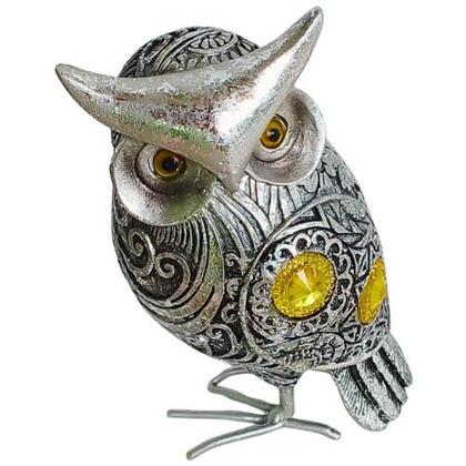 Imagem de Escultura Coruja 12cm Prata Envelhecida Pedras e Pés Metal