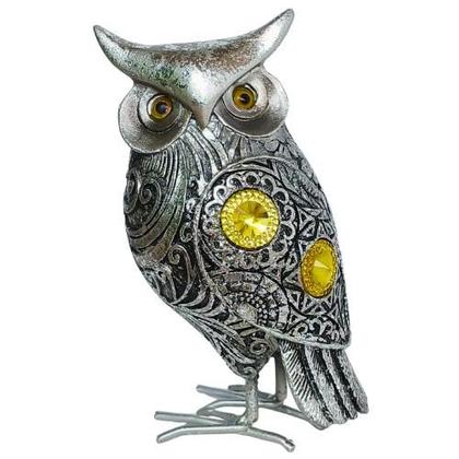 Imagem de Escultura Coruja 12cm Prata Envelhecida Pedras e Pés Metal