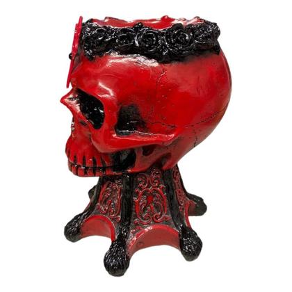 Imagem de Escultura Crânio Castiçal Vermelho Com Tridente 13 cm Resina