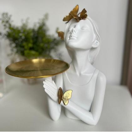 Imagem de Escultura em Resina Branca Menina Com Borboletas e Bandeja em Metal Dourado
