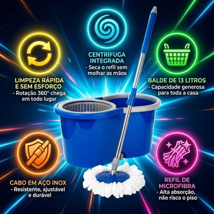 Imagem de Esfregão Mop Giratório 360 Balde 13L Centrífuga Embutida Cabo Extensível Inox Refil Microfibra Sem Torcer com as Mãos
