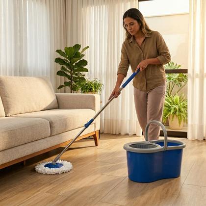 Imagem de Esfregão Mop Giratório 360 Balde 13L Centrífuga Embutida Cabo Extensível Inox Refil Microfibra Sem Torcer com as Mãos