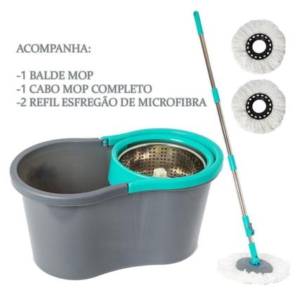 Imagem de Esfregão Mop Giratório + Balde Multiuso 8 Litros Original Kit Cabo Inox Regulável Cesto - rio home