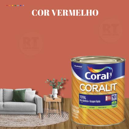 Imagem de Esmalte Sintético Base Água Coral Coralit 800ml Tinta Cor Vermelho Acetinado p/Madeiras e Metais e Pintura em Artesanato de MDF