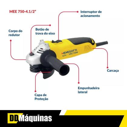 Imagem de Esmerilhadeira Angular 4.1/2 750w 11.000 Rpm Mee Menegotti Cor Amarelo Frequência 60Hz