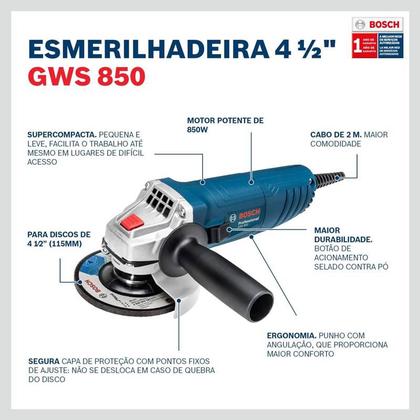 Imagem de Esmerilhadeira Angular 4.1/2" 850w 220v GWS 850 Bosch