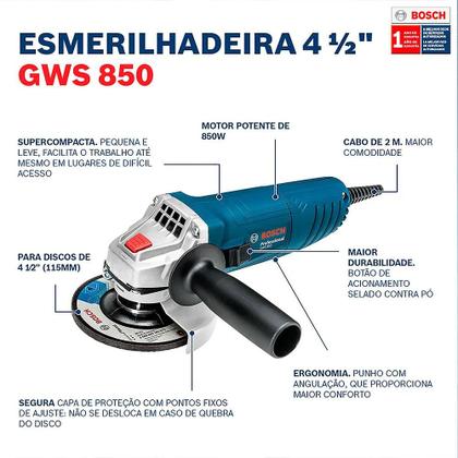 Imagem de Esmerilhadeira Angular 4.1/2 850w Gws 850 220v + 3 Discos - Bosch