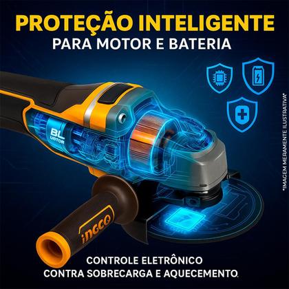 Imagem de Esmerilhadeira Angular A Bateria Ingco 900W 115MM Velocidade Variável Bateria De Até 9000RPM Brushless Com Maleta, Bateria e Disco Corte e Desbaste