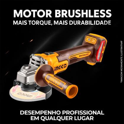 Imagem de Esmerilhadeira Angular A Bateria Ingco 900W 115MM Velocidade Variável Bateria De Até 9000RPM Brushless Com Maleta, Bateria e Disco Corte e Desbaste