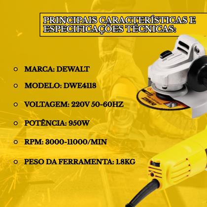 Imagem de Esmerilhadeira Angular Dewalt 950w C/ Controle Velocidade 220v 4.1/2 Lixadeira Profissional Variável