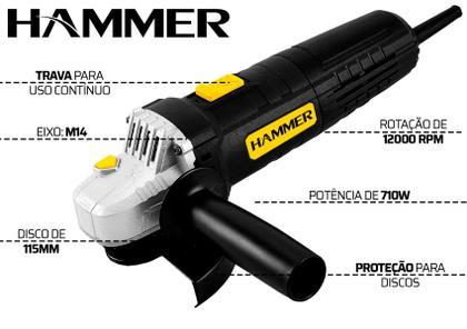 Imagem de Esmerilhadeira Angular Hammer Em-710-1 Preta 710W 220V