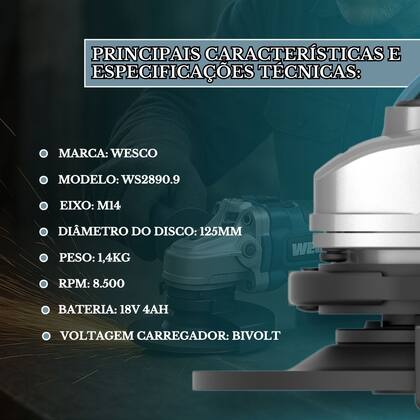 Imagem de Esmerilhadeira Angular Wesco S/ Fio + Bateria 4ah Carregador 18V Lixadeira Profissional Ferro Metal