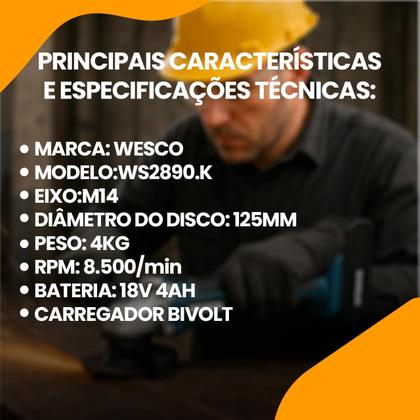 Imagem de Esmerilhadeira Lixadeira Angular Wesco Sem Fio Bateria 18v Carreg e Maleta Profissional Corte Ferro