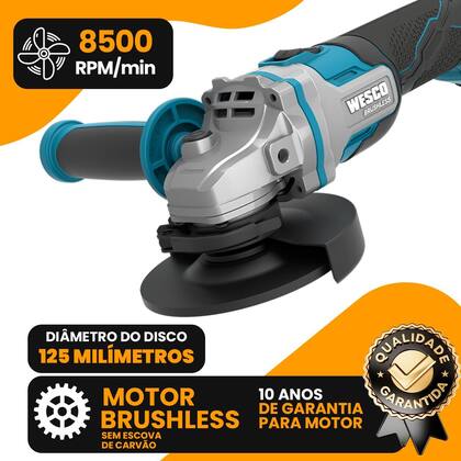 Imagem de Esmerilhadeira Lixadeira Angular Wesco Sem Fio Bateria 18v Carreg e Maleta Profissional Corte Ferro