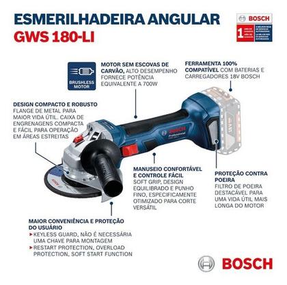 Imagem de Esmerilhadeira Sem Fio Bosch Gws 180 Li Brushless 18v 2 Baterias 2a