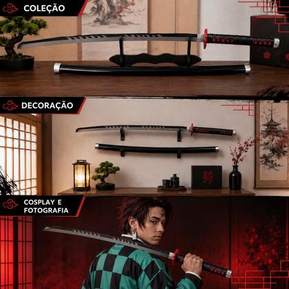 Imagem de Espada Katana Tanjiro V2 Rengoku Demon Slayer Lâmina Bambu Cosplay Decoração Com Suporte